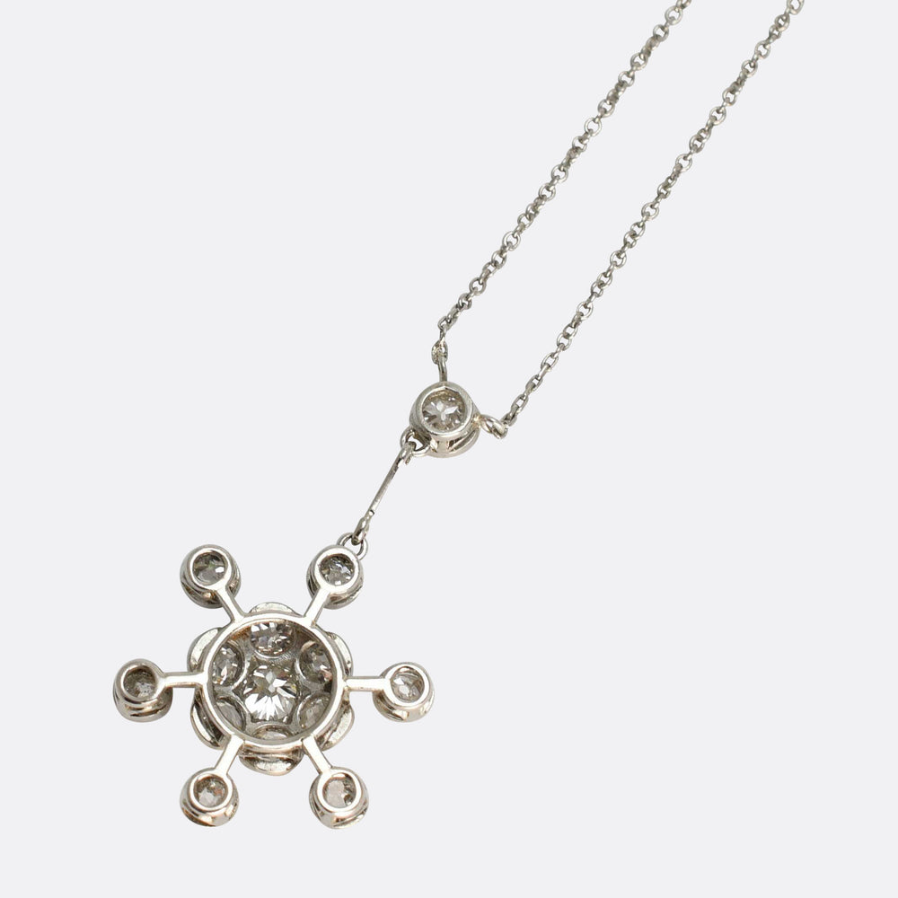 Edwardian Diamond Flower Cluster Drop Necklace