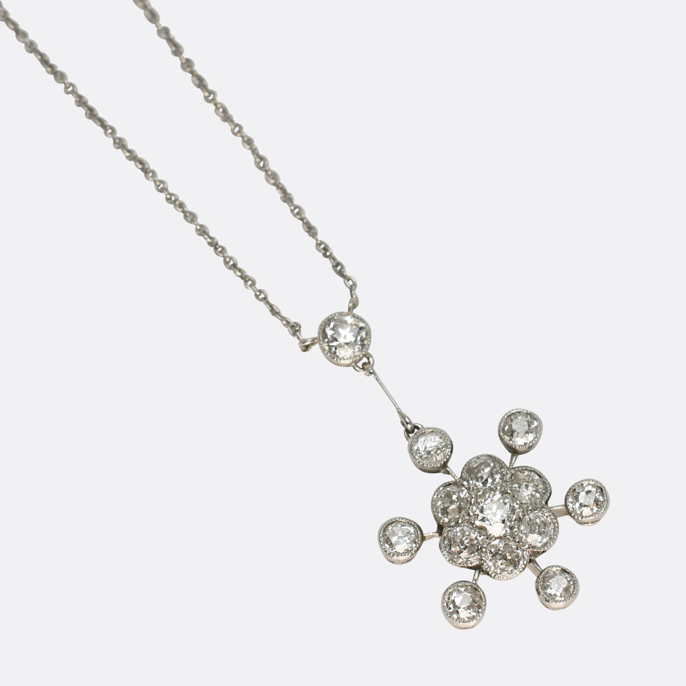 Edwardian Diamond Flower Cluster Drop Necklace