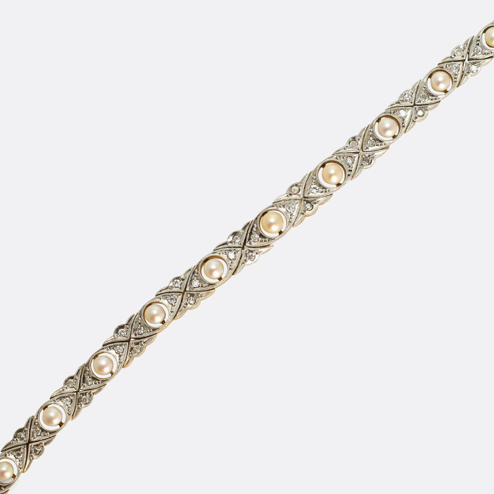 Edwardian Diamond & Natural Pearl Line Bracelet