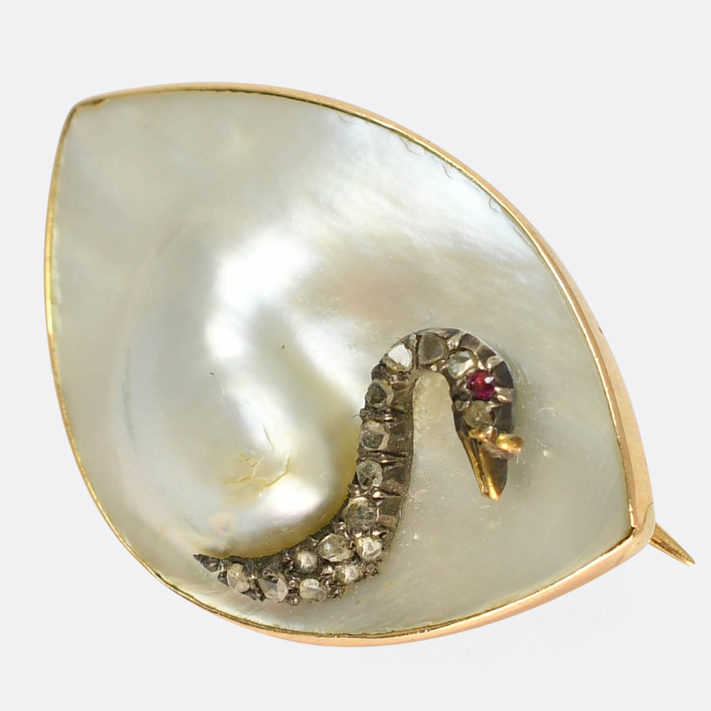 Edwardian Pearl, Diamond & Ruby Swan Brooch