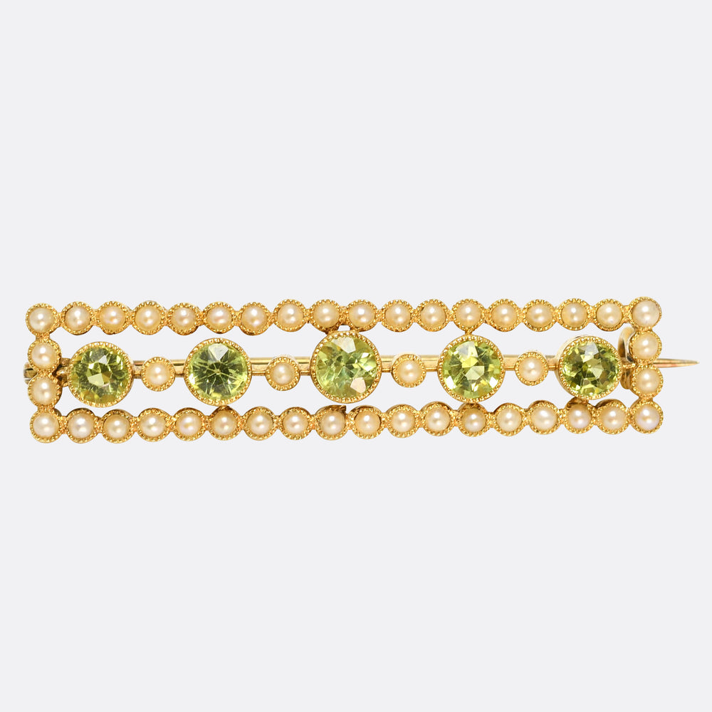 Edwardian Peridot & Pearl Halo Bar Brooch