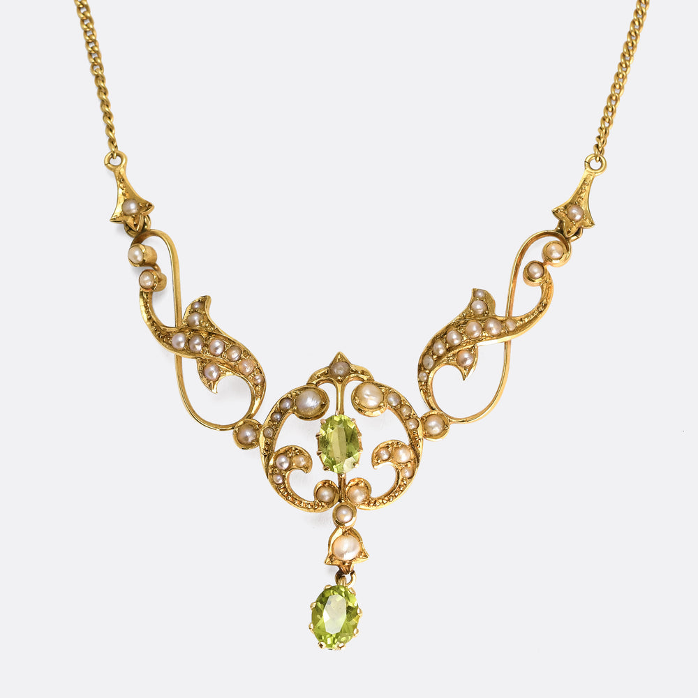 Edwardian Peridot & Pearl Lavaliere Necklace