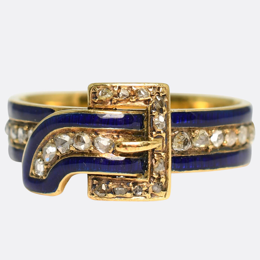 Edwardian Rose Cut Diamond & Enamel Buckle Ring