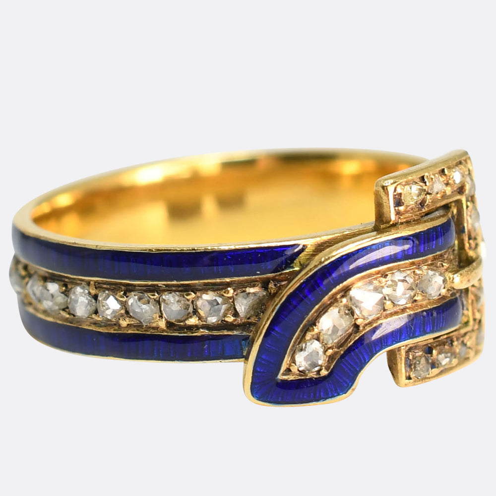 Edwardian Rose Cut Diamond & Enamel Buckle Ring