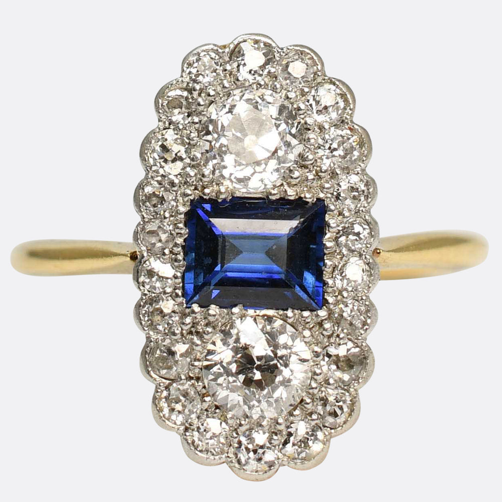 Edwardian Sapphire & Diamond Cluster Panel Ring