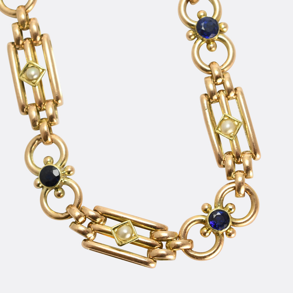 Edwardian Sapphire & Pearl Gate-Link Bracelet