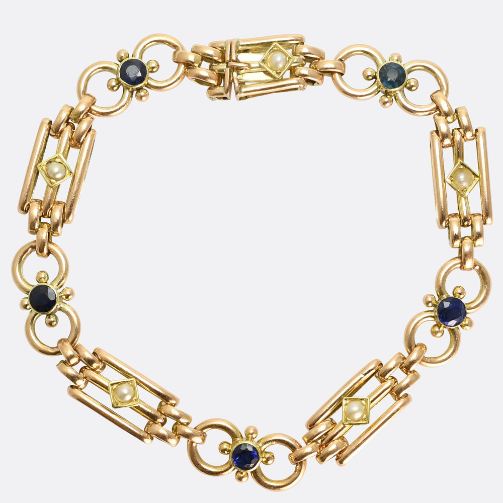 Edwardian Sapphire & Pearl Gate-Link Bracelet