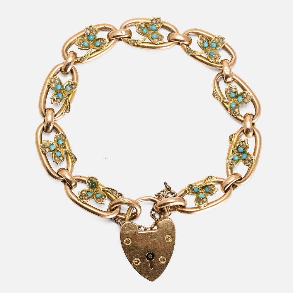 Edwardian Turquoise & Pearl Curb-Link Heart Padlock Bracelet