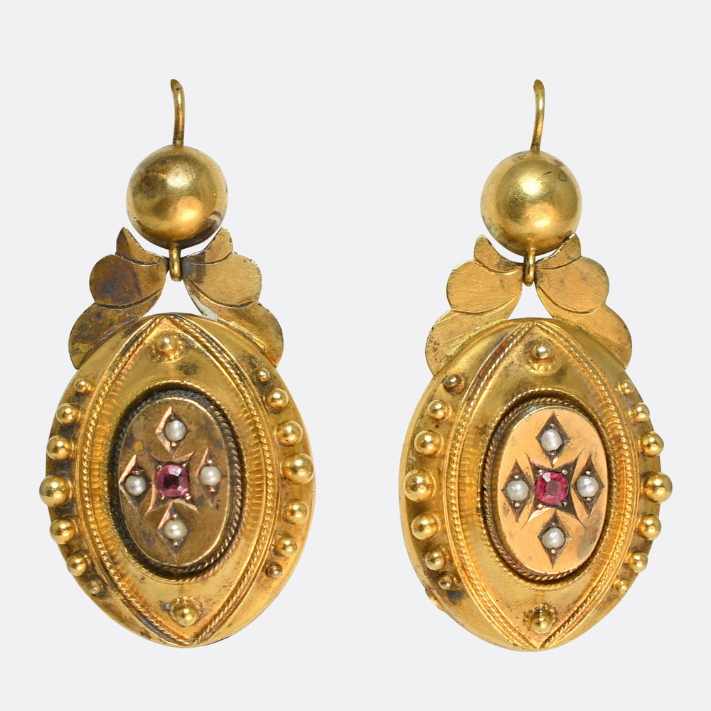 Etruscan Revival Pearl & Ruby Earrings