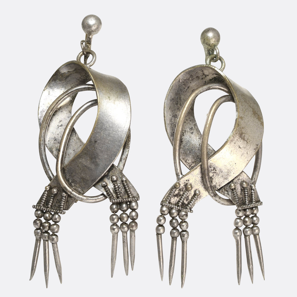 Etruscan Revival Silver Ribbon & Tassel Earrings