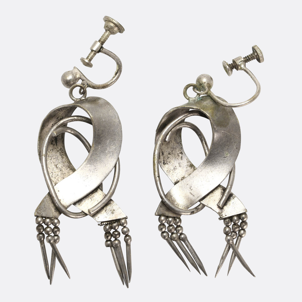 Etruscan Revival Silver Ribbon & Tassel Earrings