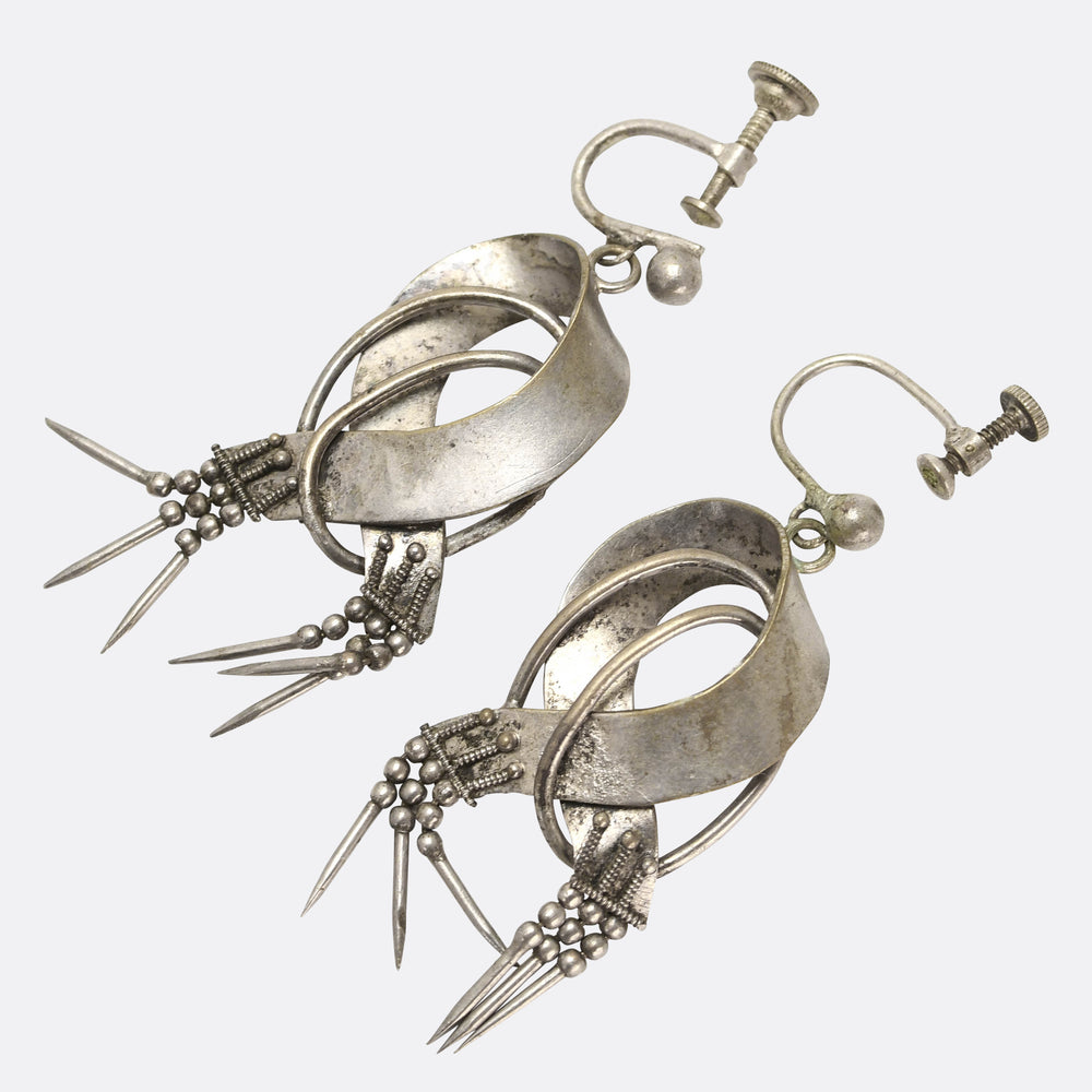 Etruscan Revival Silver Ribbon & Tassel Earrings