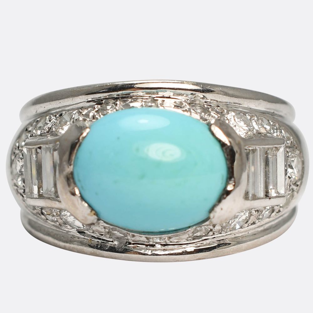 French Art Deco Turquoise & Diamond Bombé Ring