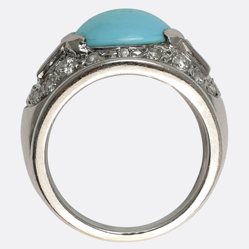 French Art Deco Turquoise & Diamond Bombé Ring