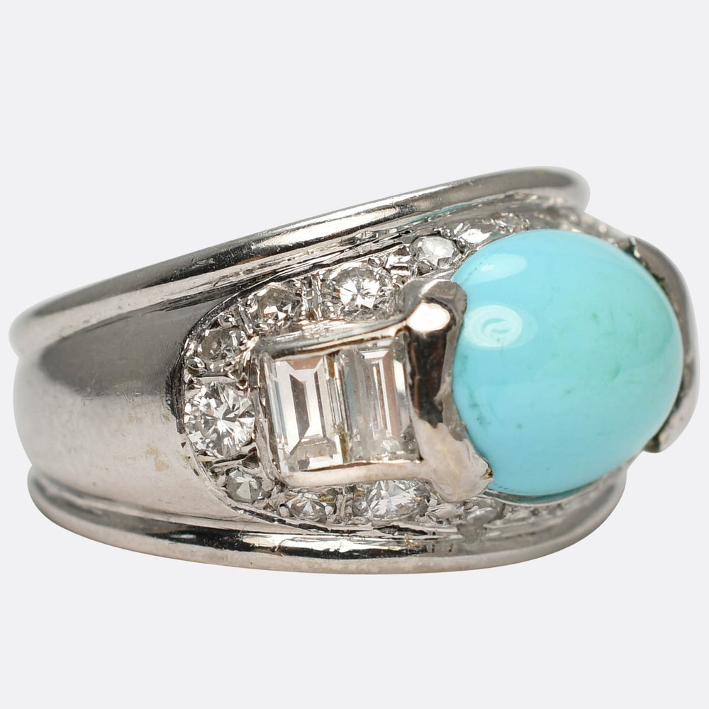 French Art Deco Turquoise & Diamond Bombé Ring