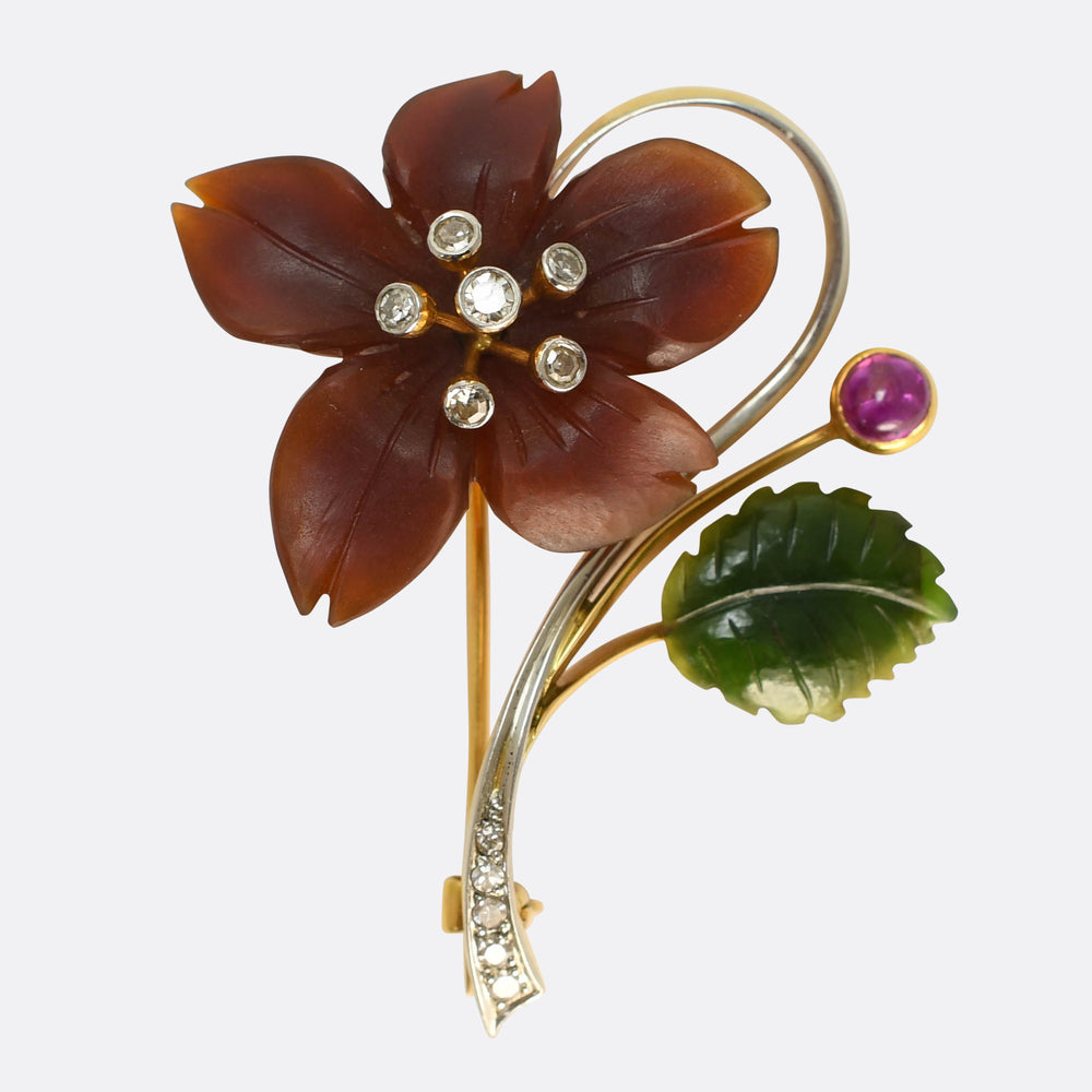 French Art Nouveau Carved Agate, Ruby & Diamond Flower Brooch