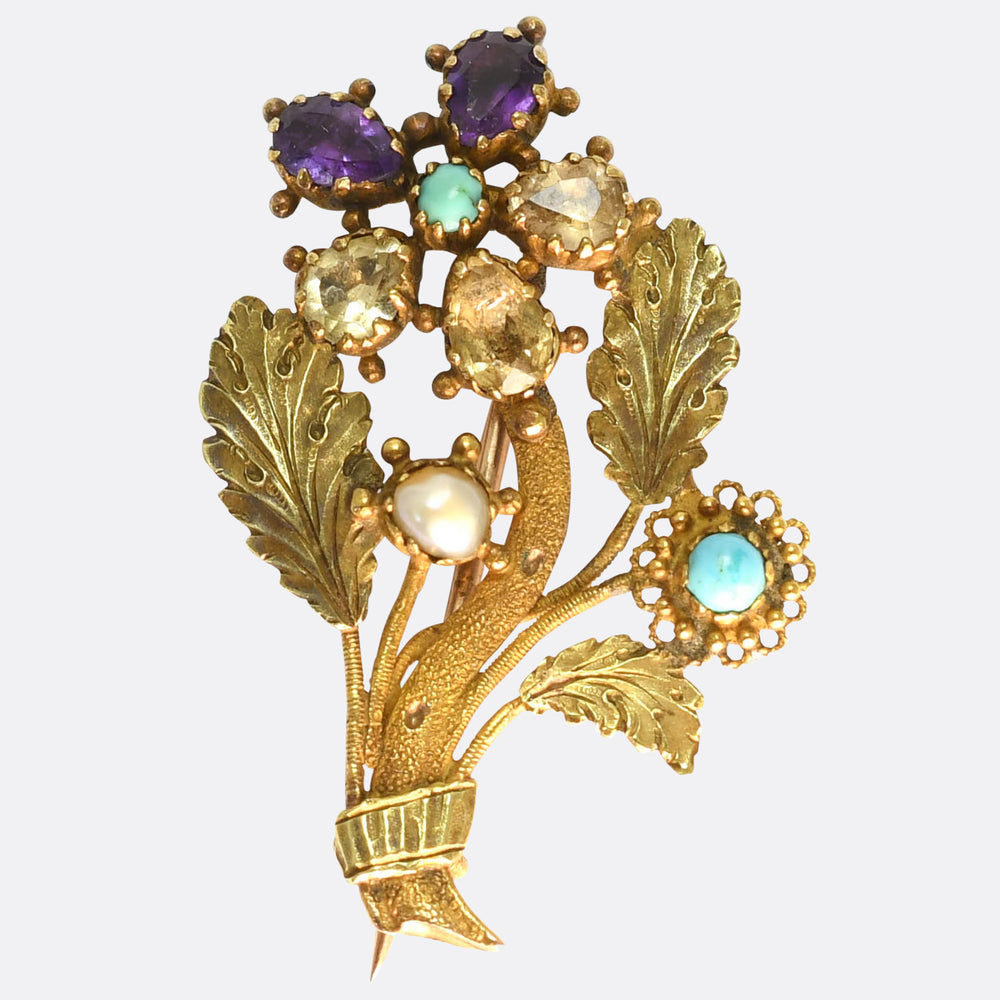 Georgian Amethyst, Citrine & Turquoise Forget-Me-Not Brooch