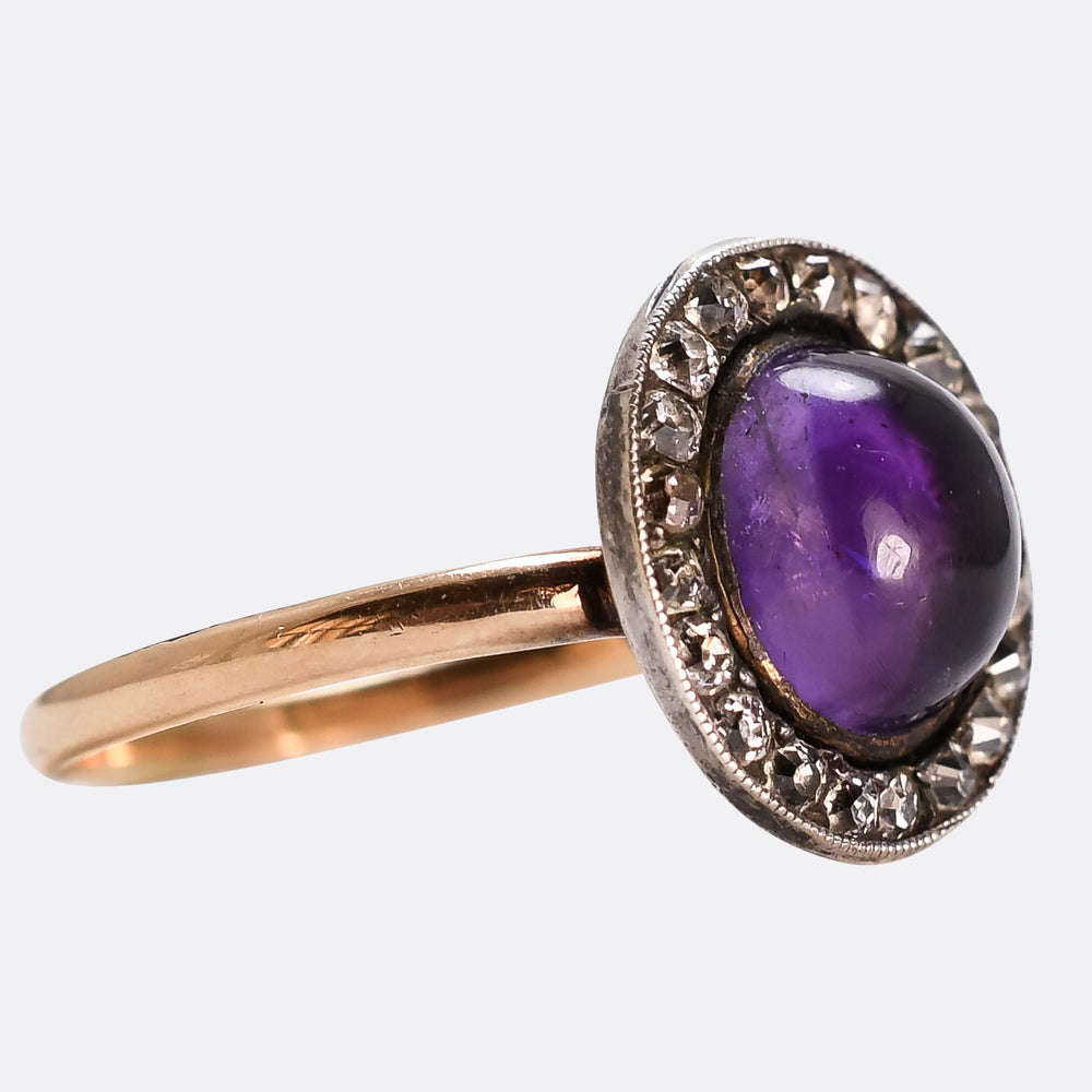 Georgian Cabochon Amethyst & Diamond Memorial Cluster Ring