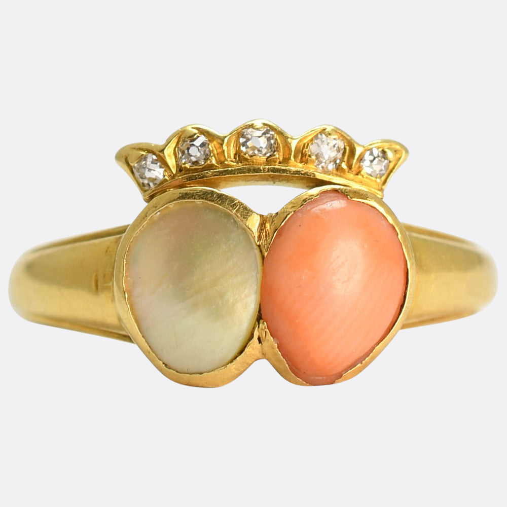 Georgian Coral & Pearl Crowned Double Heart Ring