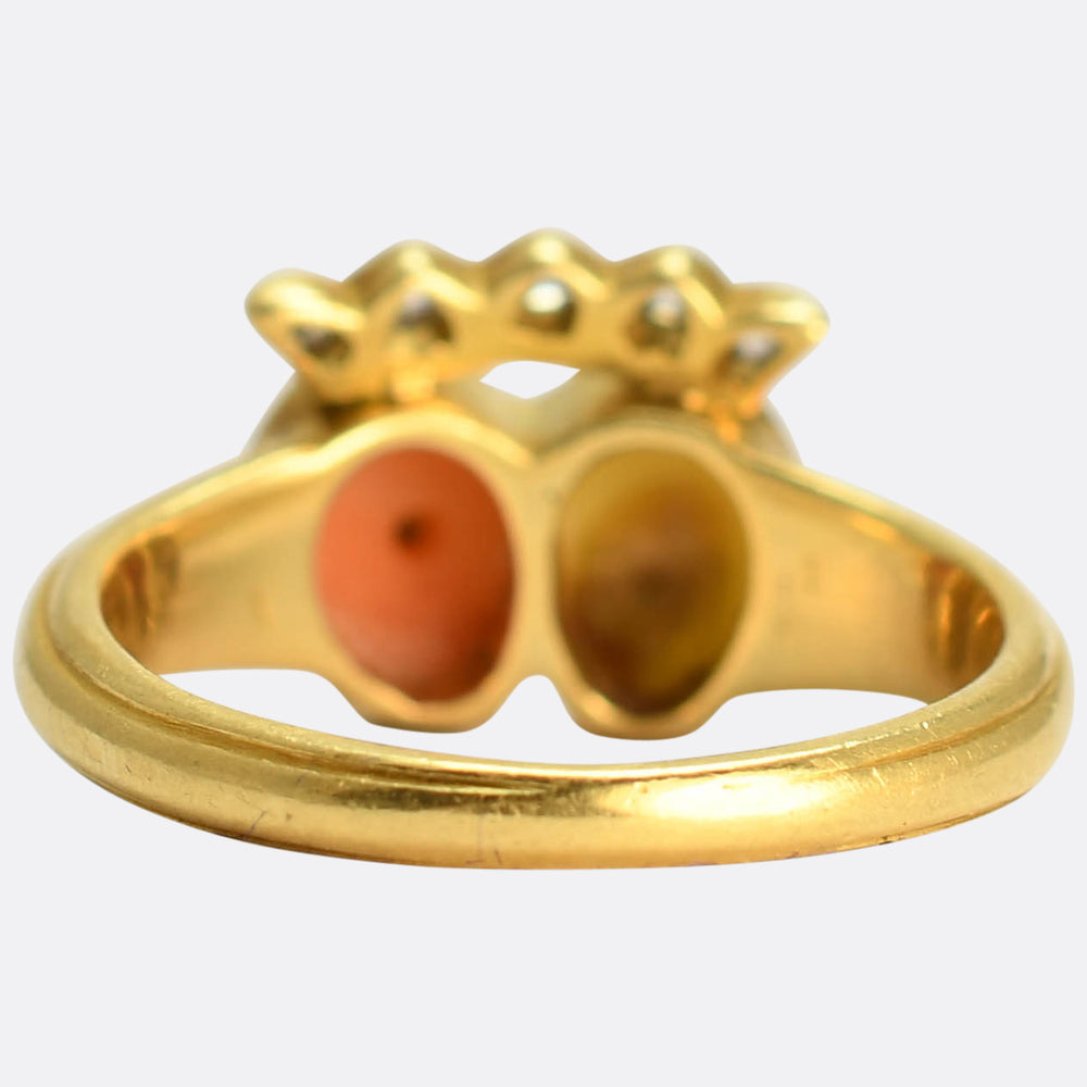 Georgian Coral & Pearl Crowned Double Heart Ring