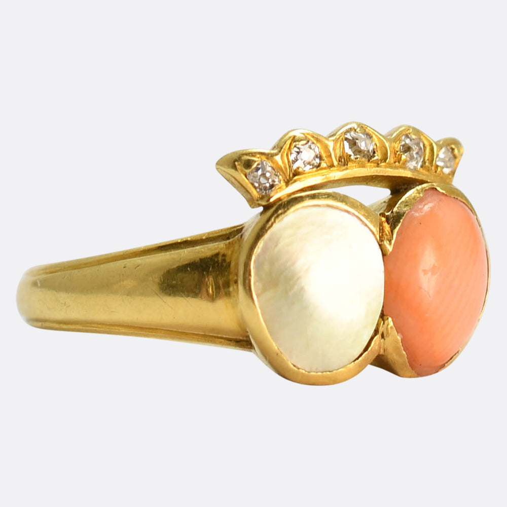 Georgian Coral & Pearl Crowned Double Heart Ring