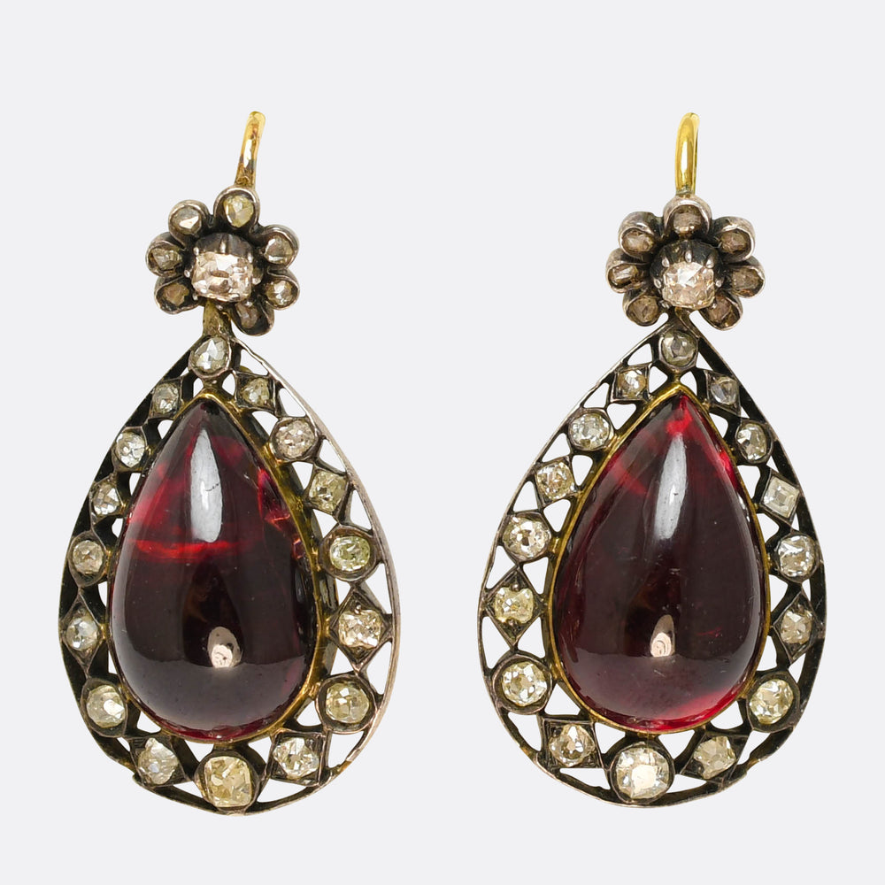 Georgian Garnet & Diamond Cluster Drop Earrings