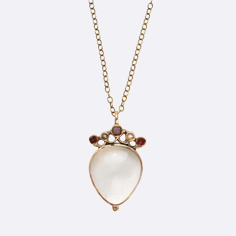 Georgian Garnet & Pearl Crowned Rock Crystal Heart Locket