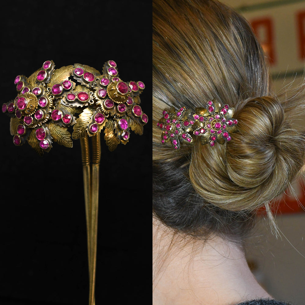 Victorian Ruby Flower Cluster Hair Pins