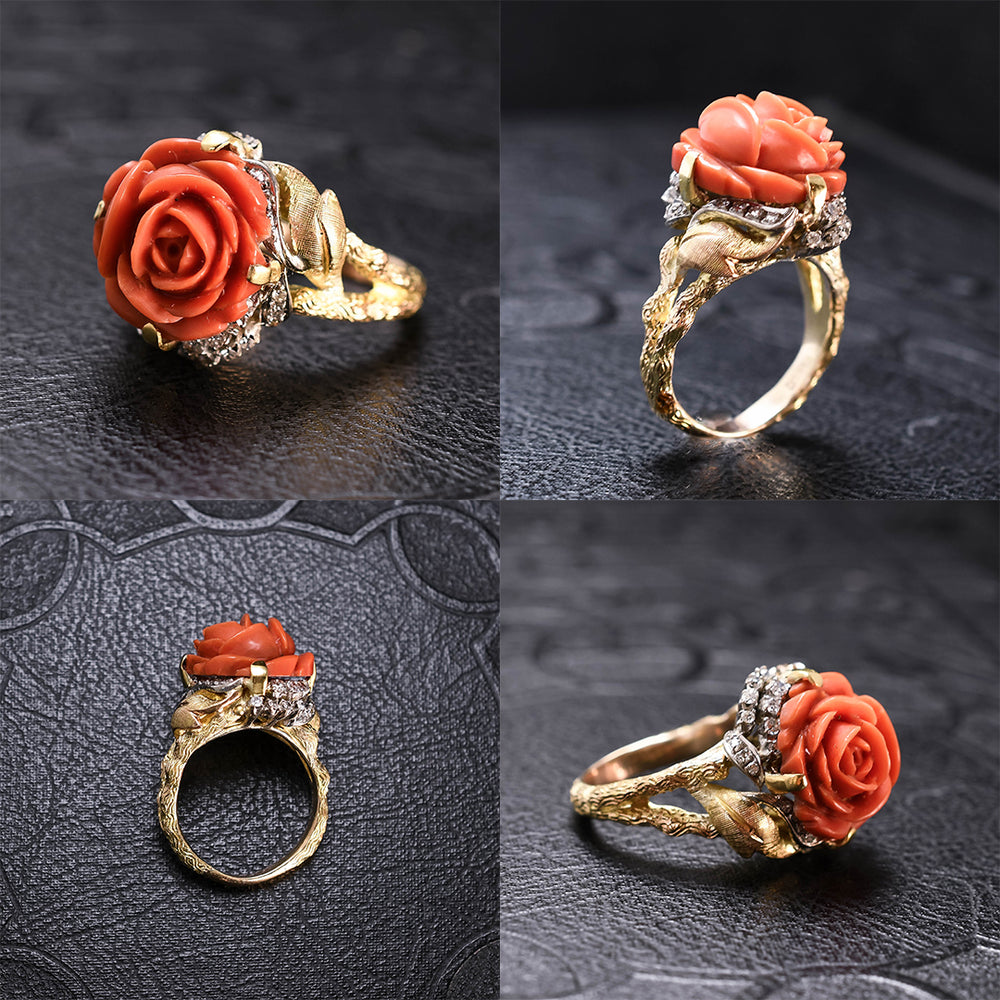 Vintage Carved Coral and Diamond Rose Cocktail Ring