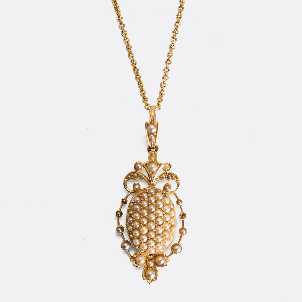 Victorian 15k Gold Pavé Pearl Pendant