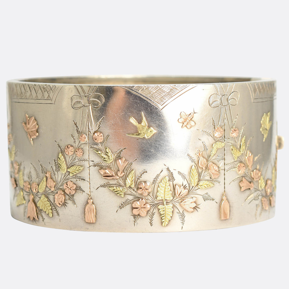 Victorian Aesthetic Movement Silver & Gold Cuff Bangle