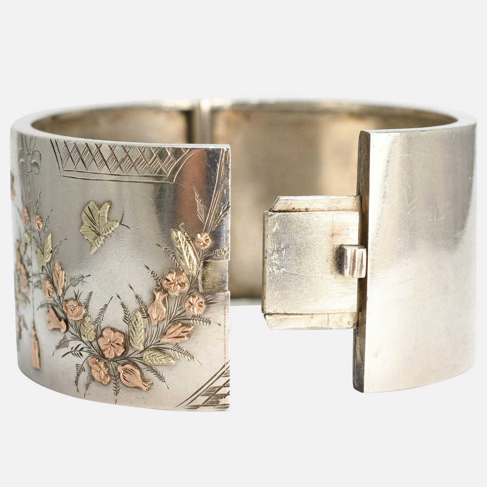 Victorian Aesthetic Movement Silver & Gold Cuff Bangle