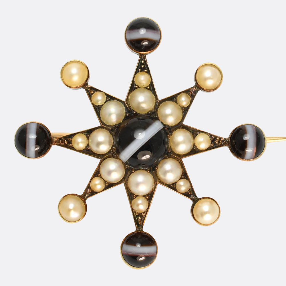 Victorian Banded Agate & Pearl Star Brooch