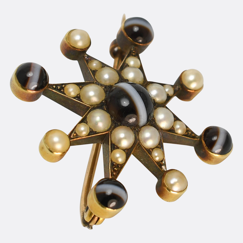 Victorian Banded Agate & Pearl Star Brooch