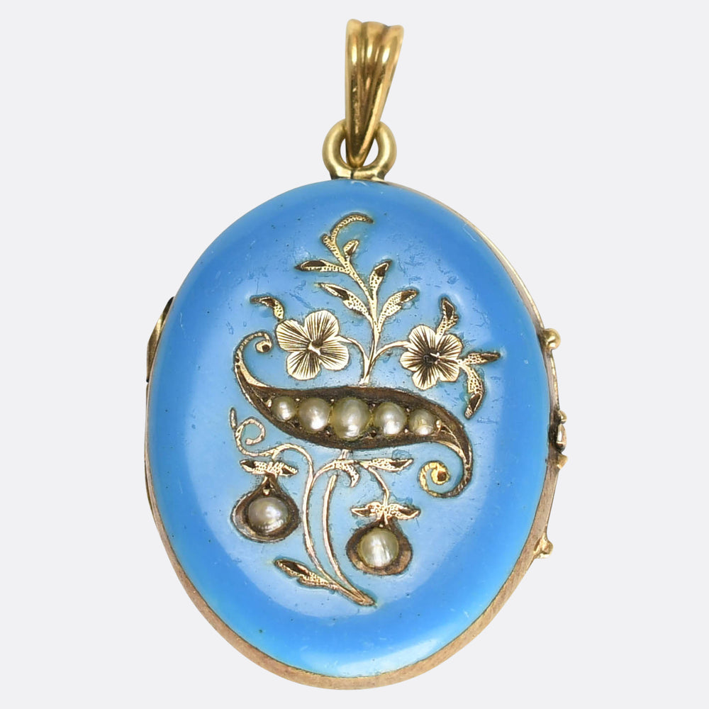 Victorian Blue Enamel & Pearl Locket Pendant