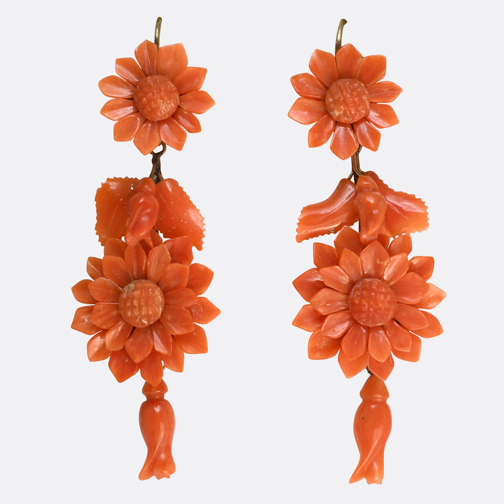 Victorian Carved Coral Floral Drop Earrings