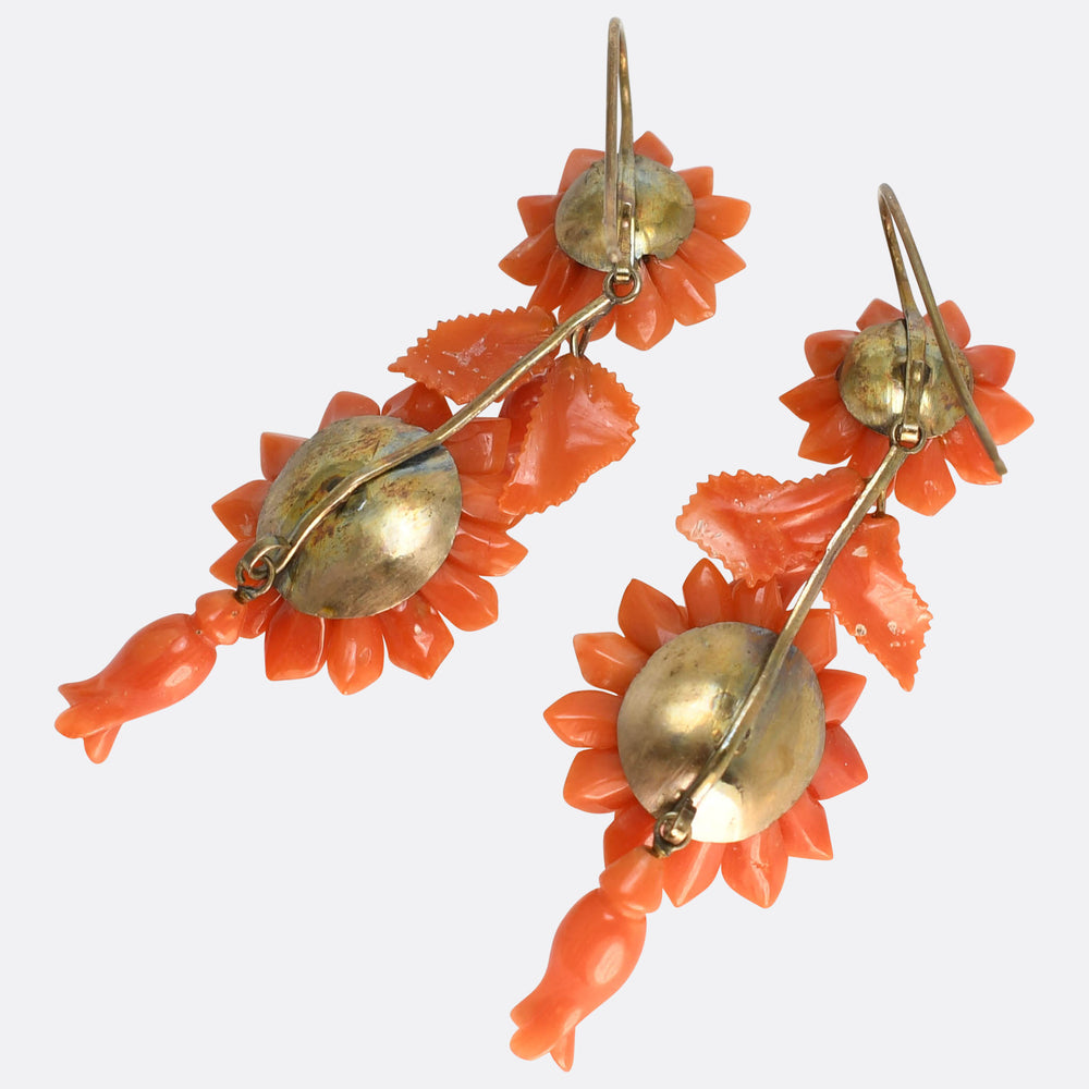 Victorian Carved Coral Floral Drop Earrings