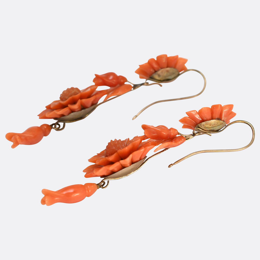 Victorian Carved Coral Floral Drop Earrings