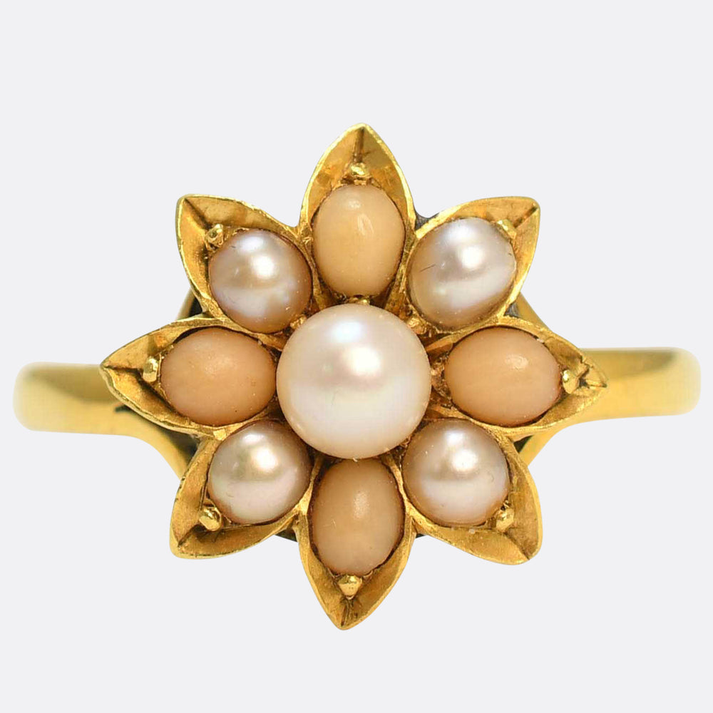 Victorian Coral & Pearl Flower Cluster Ring