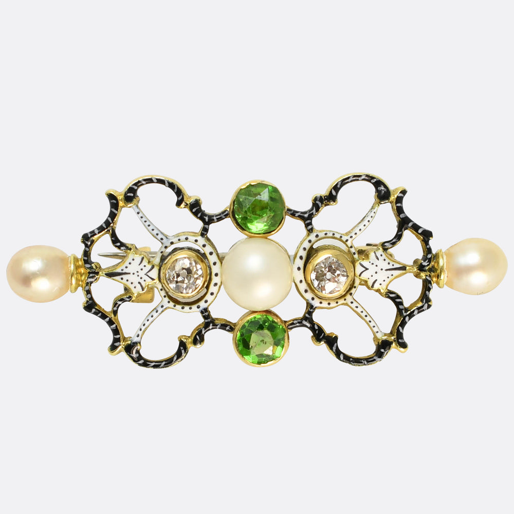 Victorian Demantoid Garnet, Pearl & Diamond Brooch