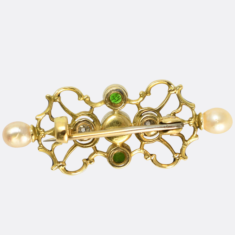 Victorian Demantoid Garnet, Pearl & Diamond Brooch