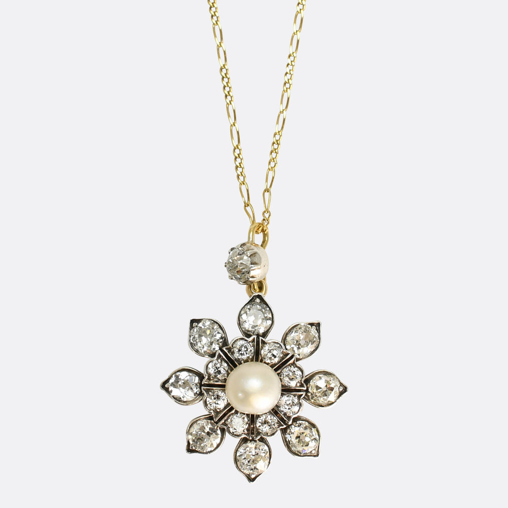 Victorian Diamond & Pearl Flower Pedant And Chain