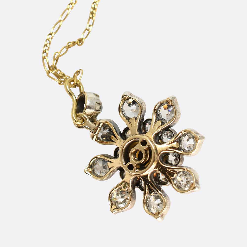 Victorian Diamond & Pearl Flower Pedant And Chain