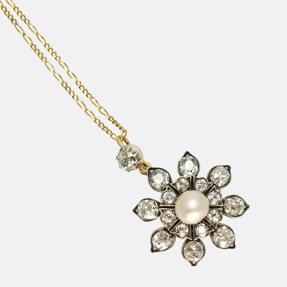 Victorian Diamond & Pearl Flower Pedant And Chain