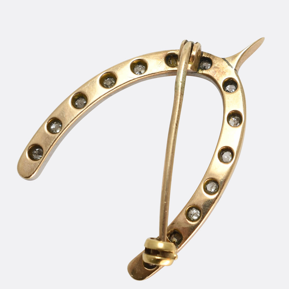 Victorian Diamond & Pearl Lucky Wishbone Brooch