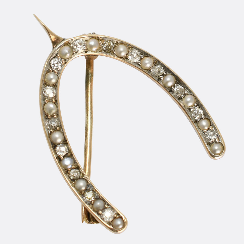 Victorian Diamond & Pearl Lucky Wishbone Brooch