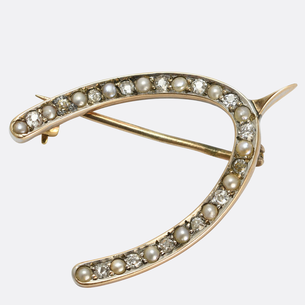 Victorian Diamond & Pearl Lucky Wishbone Brooch