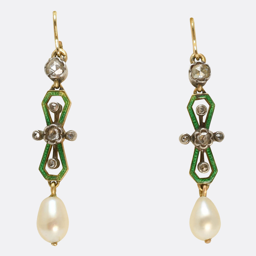 Victorian Diamond, Pearl & Enamel Drop Earrings