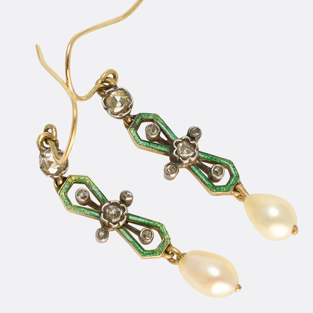 Victorian Diamond, Pearl & Enamel Drop Earrings