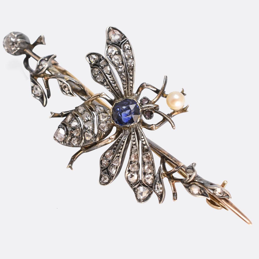 Victorian Diamond, Sapphire & Pearl Insect Brooch